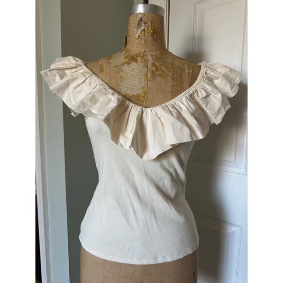 Maeve anthropologie Cream Ribbed Tank Top W/ Ruffle Neckline Sz S - Picture 4 of 15